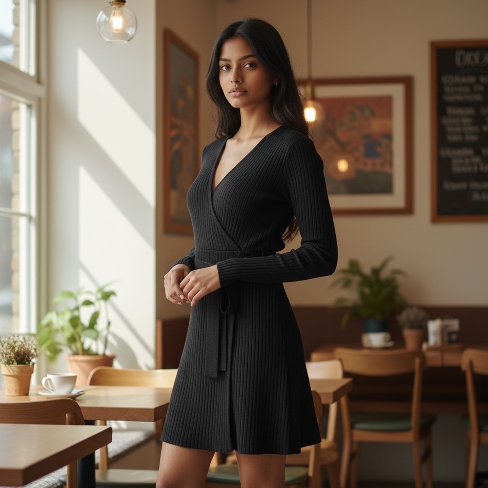 Black Long Sleeve Sweater Dress with Tie and Pleated Skirt